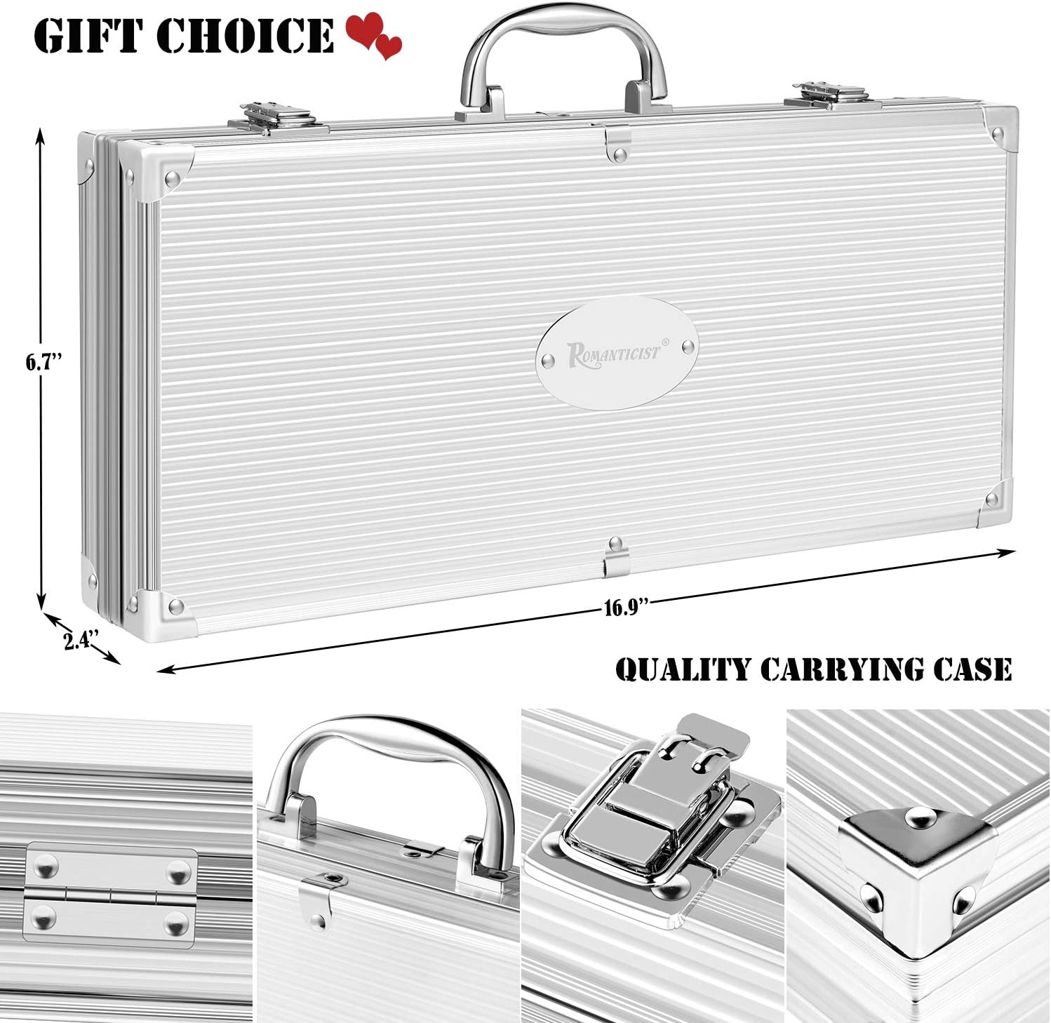 ROMANTICIST 29pcs BBQ Grill Tool Set for Men Dad, Heavy Duty Stainless Steel Grill Utensils Set, Non-Slip Grilling Accessories Kit with Thermometer, Mats in Aluminum Case for Travel, Outdoor Silver - Image 6