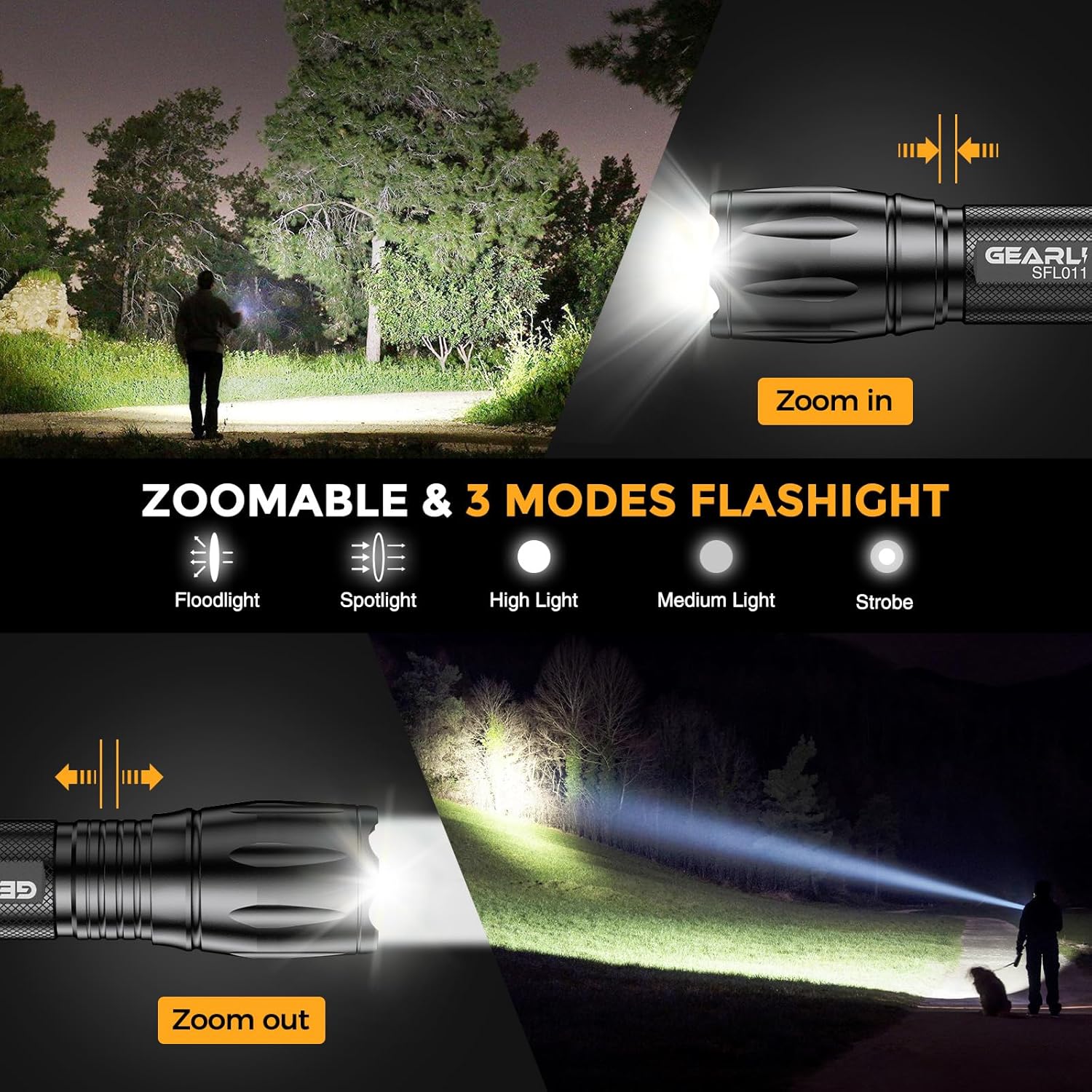 GEARLITE LED Torch Rechargeable 2Packs, 2000LM Zoomable Rechargeable Torch with 3 Modes, Long-Lasting IP65 Waterproof Torches Led Super Bright for Camping, Hiking, Emergencies - Gifts for Men Dad Kids - Image 3