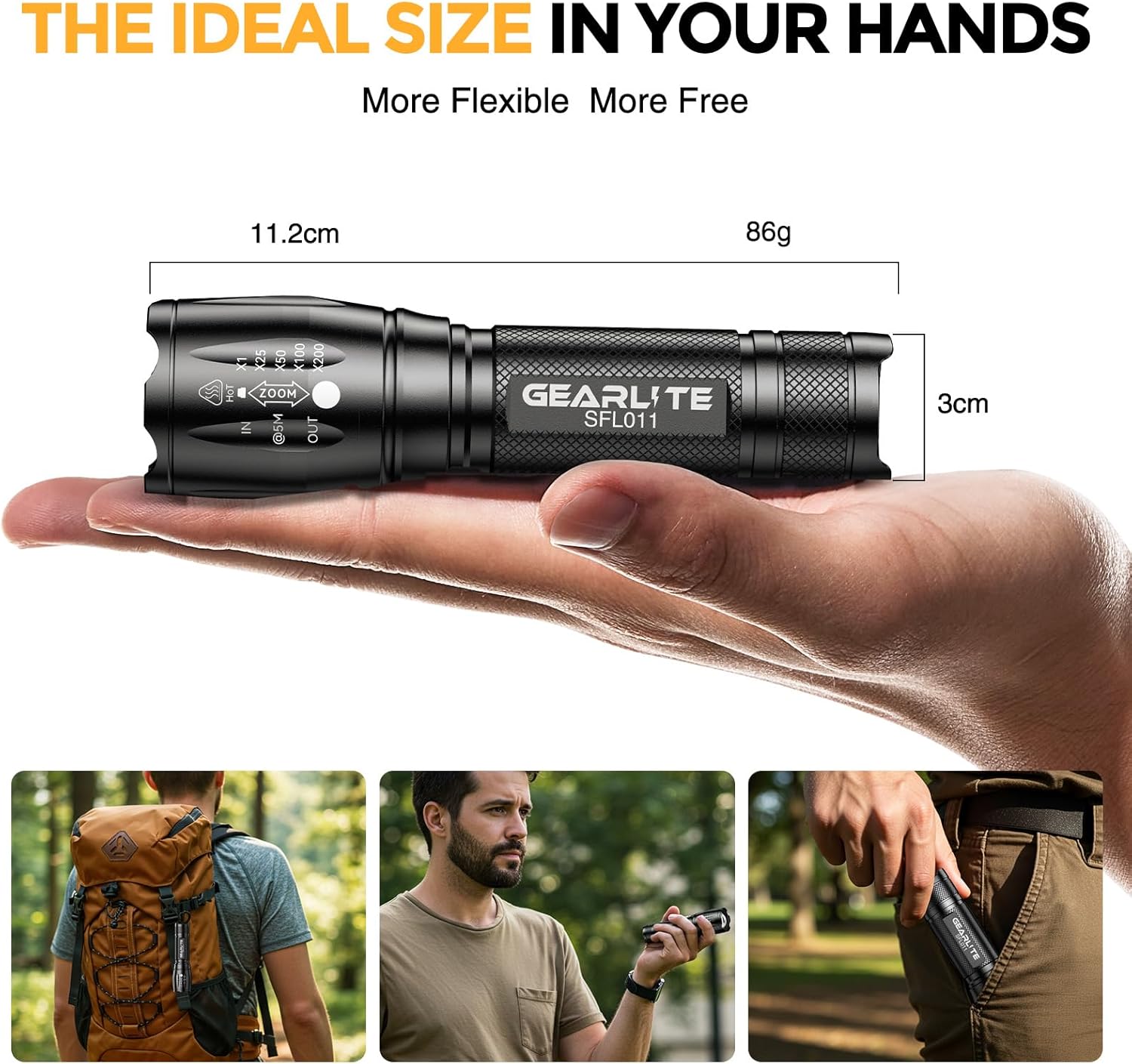 GEARLITE LED Torch Rechargeable 2Packs, 2000LM Zoomable Rechargeable Torch with 3 Modes, Long-Lasting IP65 Waterproof Torches Led Super Bright for Camping, Hiking, Emergencies - Gifts for Men Dad Kids - Image 6