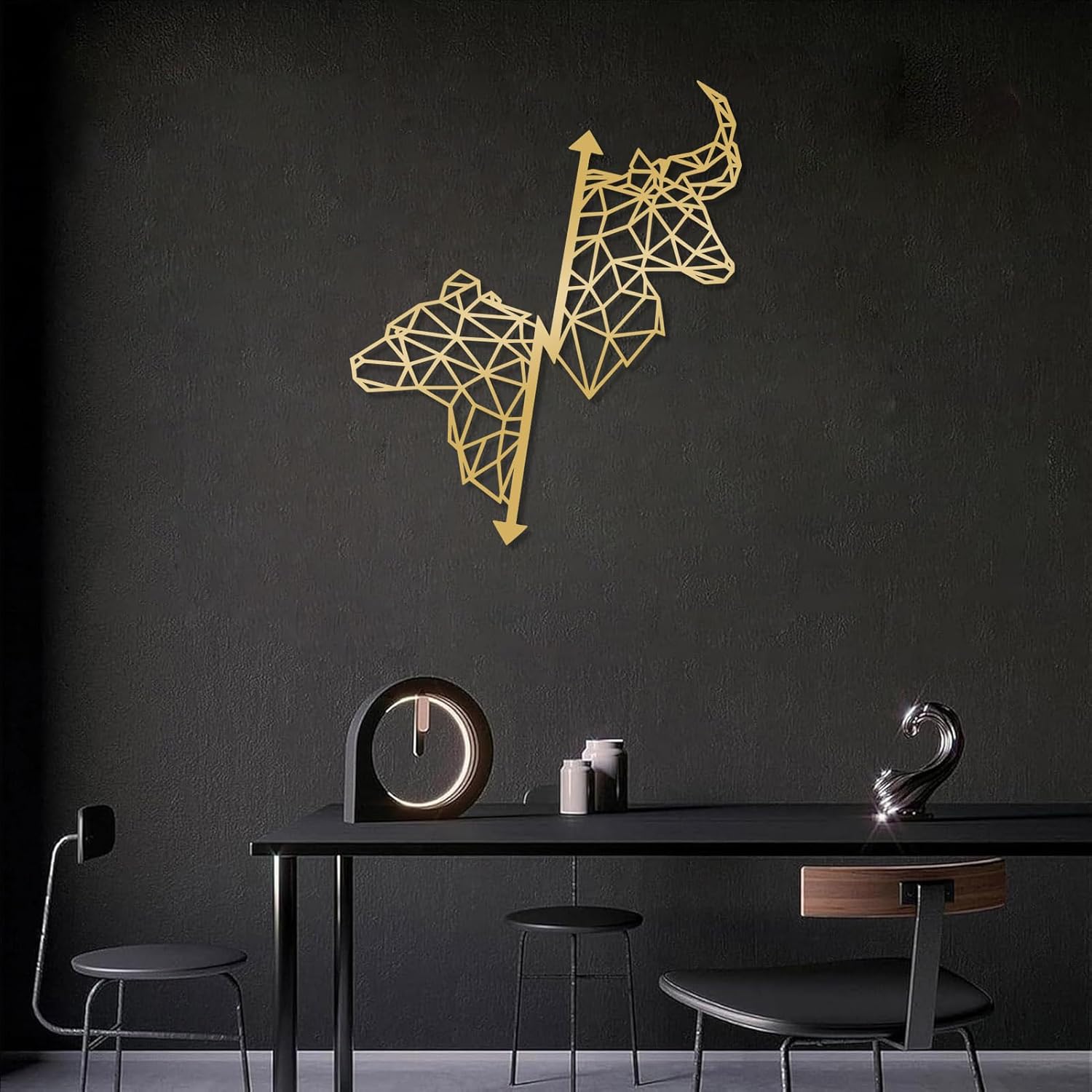 Metal Wall Art Wall Decor Bull and Bear Decor, Geometric Bull and Bear Trading, Stock Market, Forex Trading Decor, Finance Investor Decor, Office (Silver, 19"x16" | 47x40cm) - Image 6