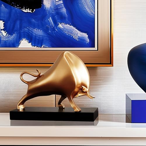 Bull Statue, Feng Shui Wall Street Bull Sculpture, Stock Market Figurine, Office Desk Decor, Stock Trading Gift, Gold Bull for Home Decor and TV Stand