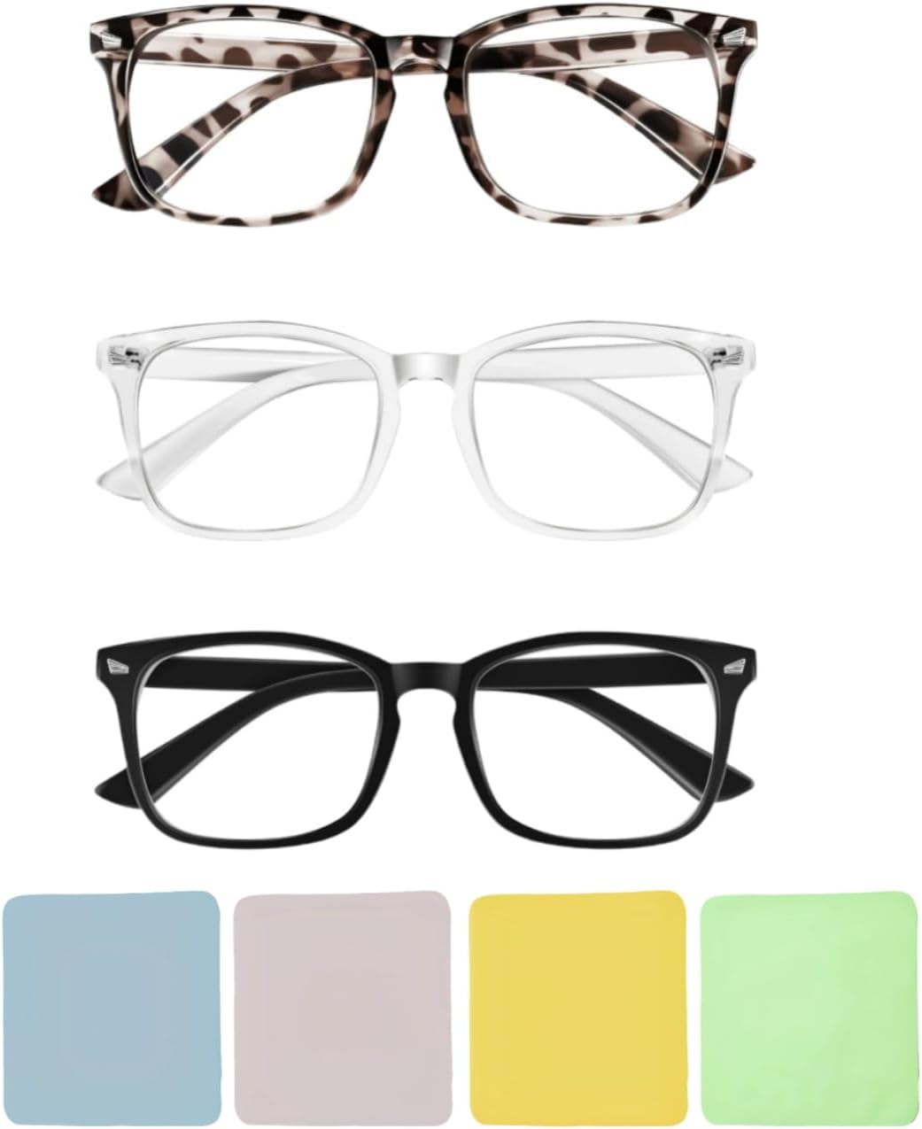 3PCS Blue Light Blocking Glasses, Anti Blue Light Gaming Glasses Anti Eyestrain and UV Glare Glasses Computer Screen Filter Glasses Fashion Fake Eyeglasses with 4PCS Microfiber Glasses Cloth