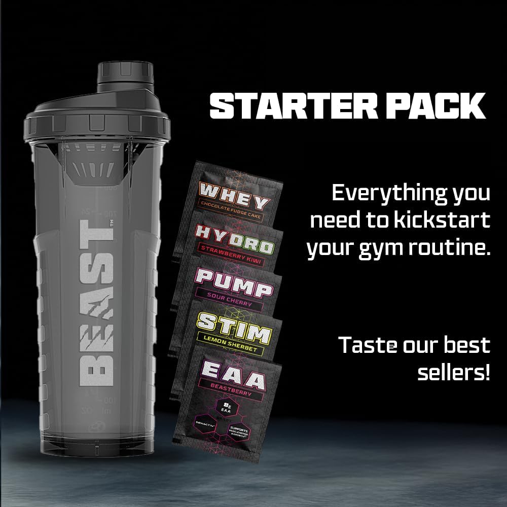 Beast | Protein Shaker Bottle Sports Supplements Samples | 5 Sachets + 1000ml Shaker Gym Gift Set | Stim, Pump, Whey, Hydro and EAA - Image 2