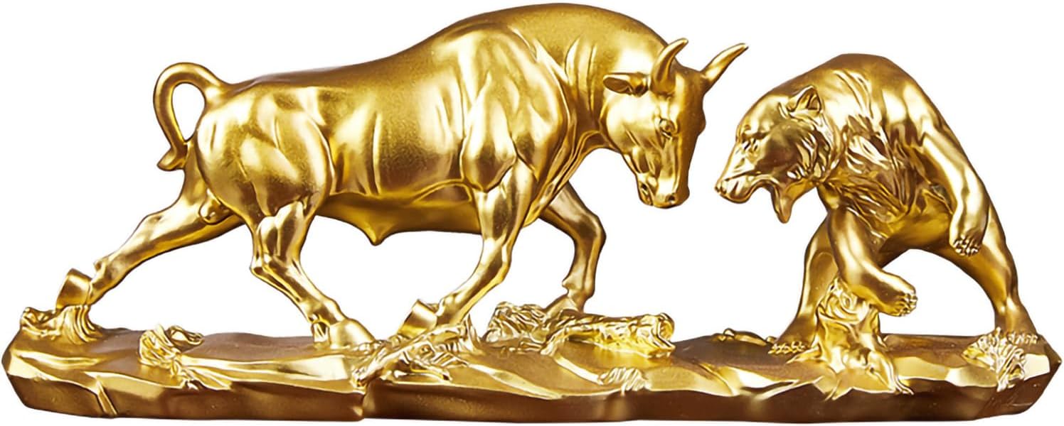 Bull and Bear Statue - Gold Resin Stock Market Decor for Office Desk, Symbol of Financial Success and Prosperity