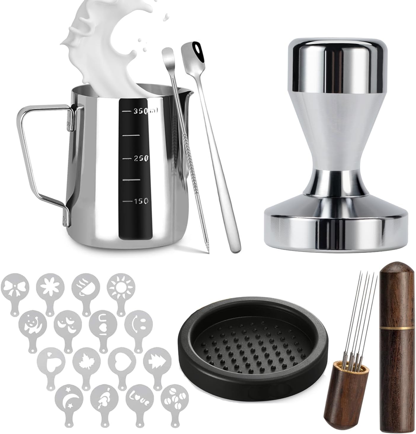Coffee Tamper 51mm Set 22PCS: Coffee Machine Accessories for Espresso Include 51mm Tamper and Mat, Stainless Steel Milk Frother Jug, WDT Tool, Espresso Spoon, Latte Art Pen and 16 Cappuccino Stencils
