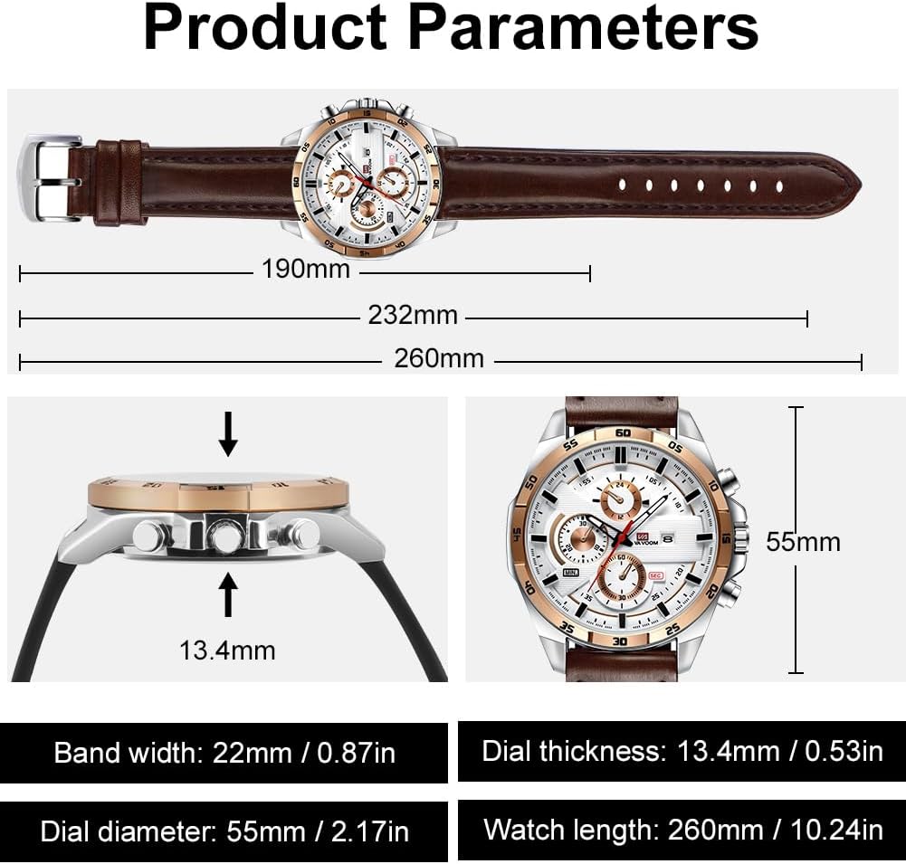 OFFCUP Mens Watches, 55MM Men's Chronograph Watch, Leather Analog Quartz Watch with Date Luminous, Business Casual Fashion Gents Wrist Watches Elegant Gift for Men - Image 2