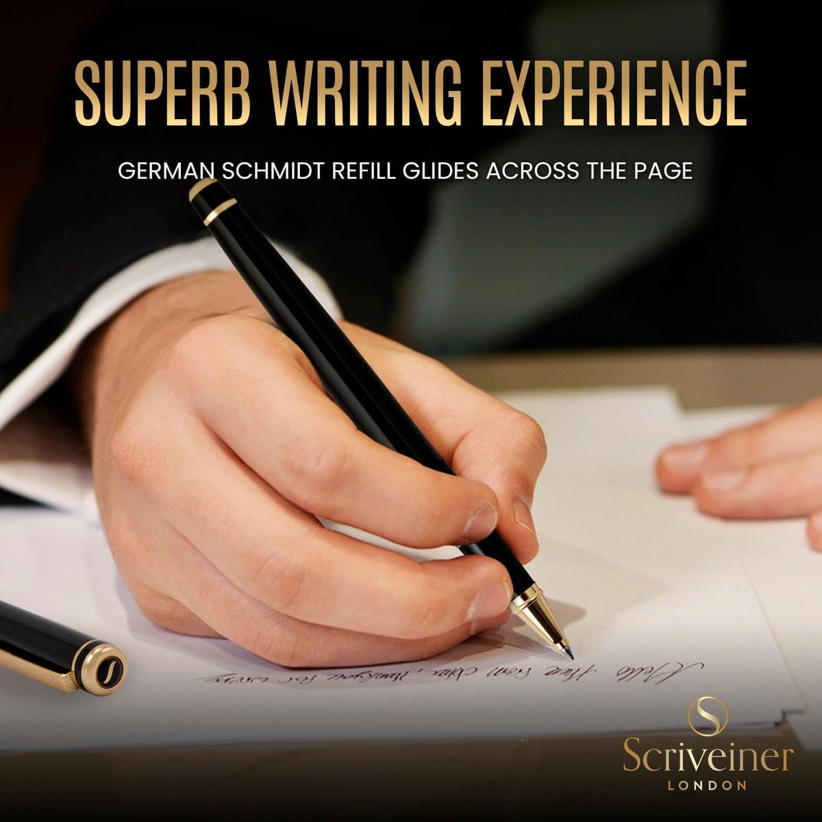 Scriveiner Black Lacquer Rollerball Pen - Multi Award Winning Luxury Rollerball Real Gold Plating, Schmidt Refill, Quality Executive Writing Pen for the Office, Journaling or Gift Set for Men & Women - Image 4