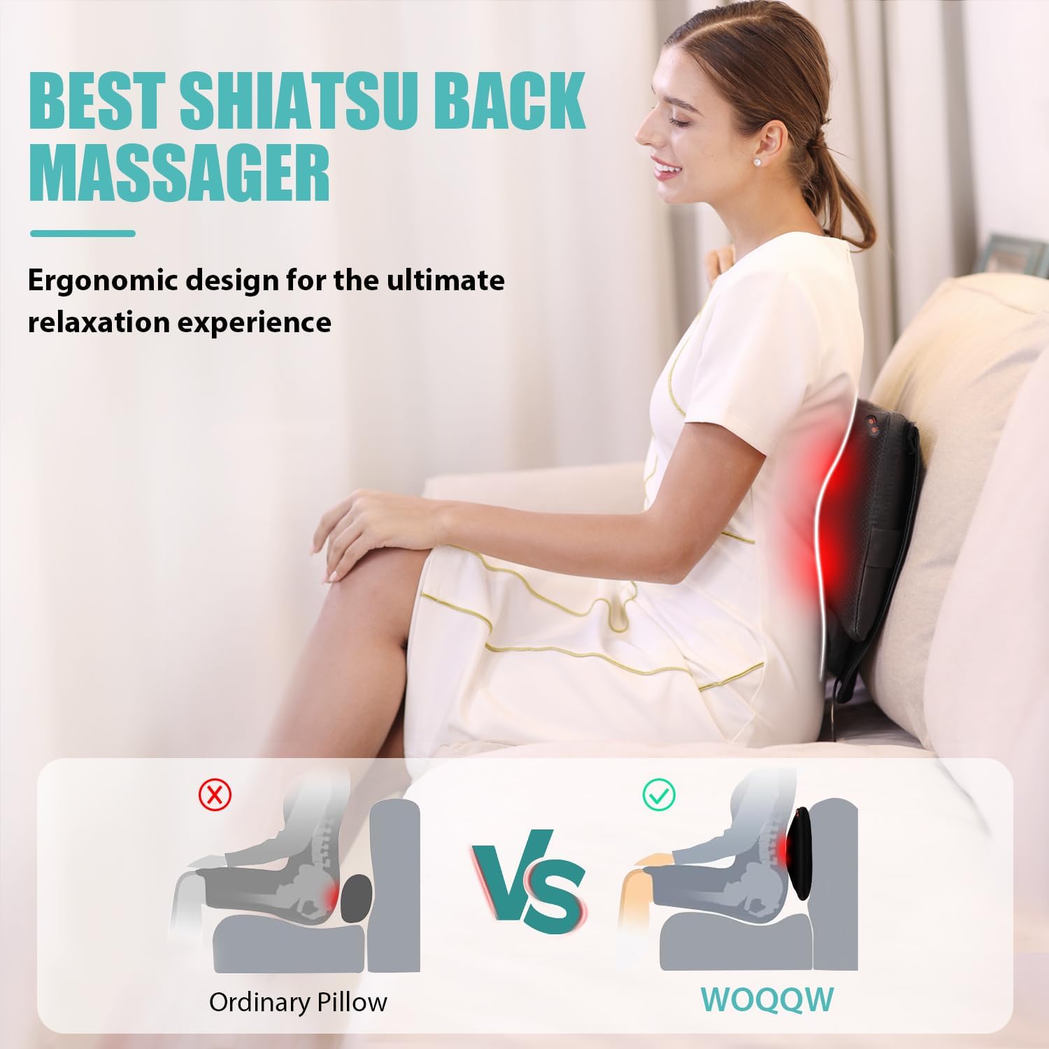 WOQQW Back Massager Neck massage Pillow with Heat - Shiatsu Back massager Present, Gifts for Women / Men / Mom / Dad - Deep Kneading Massage for Shoulder, Waist, Leg, Foot and Muscle - Image 3