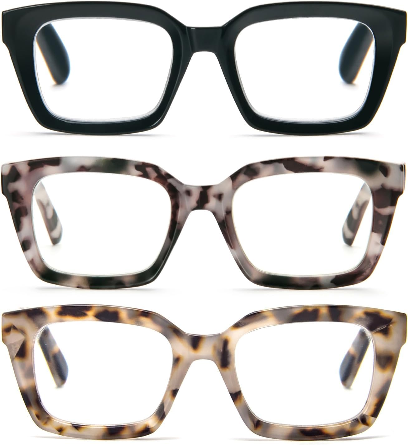 MMOWW 3-Pack Oversized Reading Glasses for Women - Anti Blue Light Glasses with Square Frame +2.0