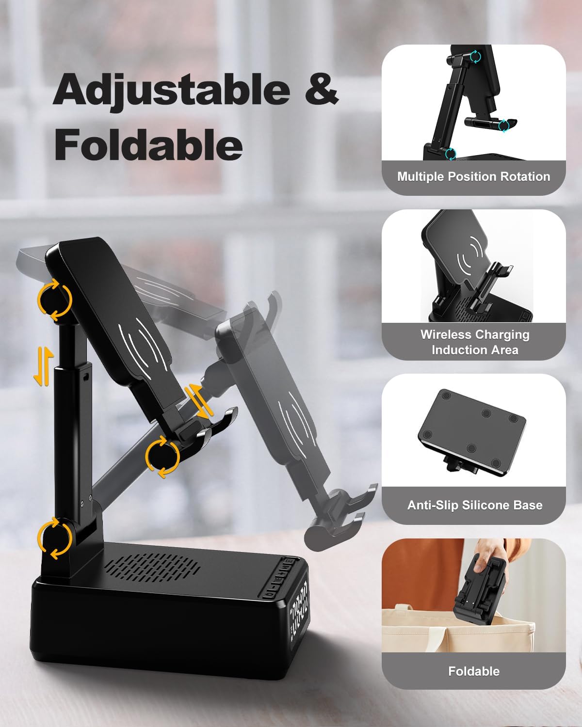 Birthday Gifts for Men Women, Bluetooth Speaker with Wireless Charger & Phone Stand, Gifts for Him, Foldable Angle & Height Stand with Alarm Clock, Ideal for Dad Mom, Tech Gadget Stocking Fillers - Image 4