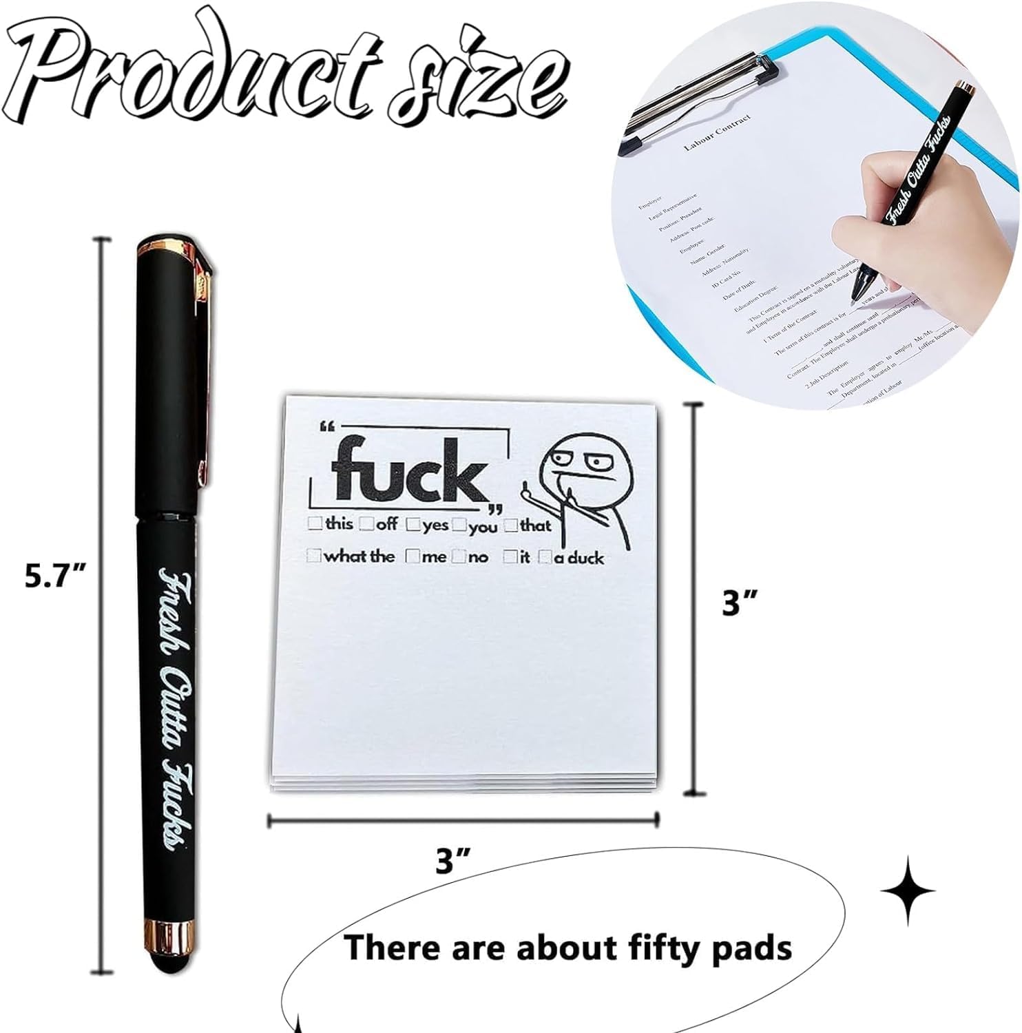 Fresh Outta Fucks Pad and Pen, Funny Pens Funny Sticky Notes Office Supplies,Desk Accessories for Friends Funny Christmas Gifts for Men Women (Black) - Image 2