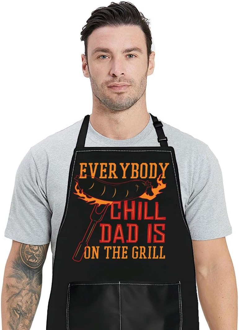 WZMPA Grilling Dad Apron With Pockets Grilling Father Gifts Everybody Chill Dad Is On The Girll Apron For Daddy Grandpa