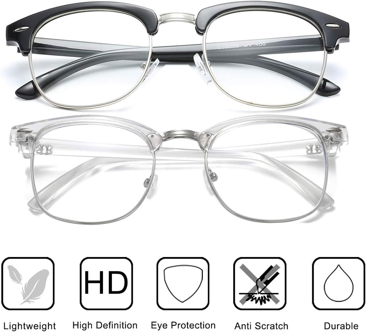 2 Pack Blue Light Blocking Glasses - Retro Round Frame | Anti Fatigue & HD Non-Prescription Lenses for Computer Gaming, Office, and Screen Use | Unisex for Women & Men - Image 6