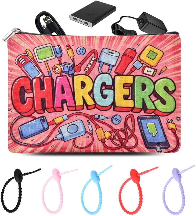 Chargers Organiser Bag with Silicone Cable Ties for Women Men Birthday Christmas Gifts for Daughter Friend Charging Cord Organiser Cosmetic Bag for Travel Portable Tech Accessory Pouch