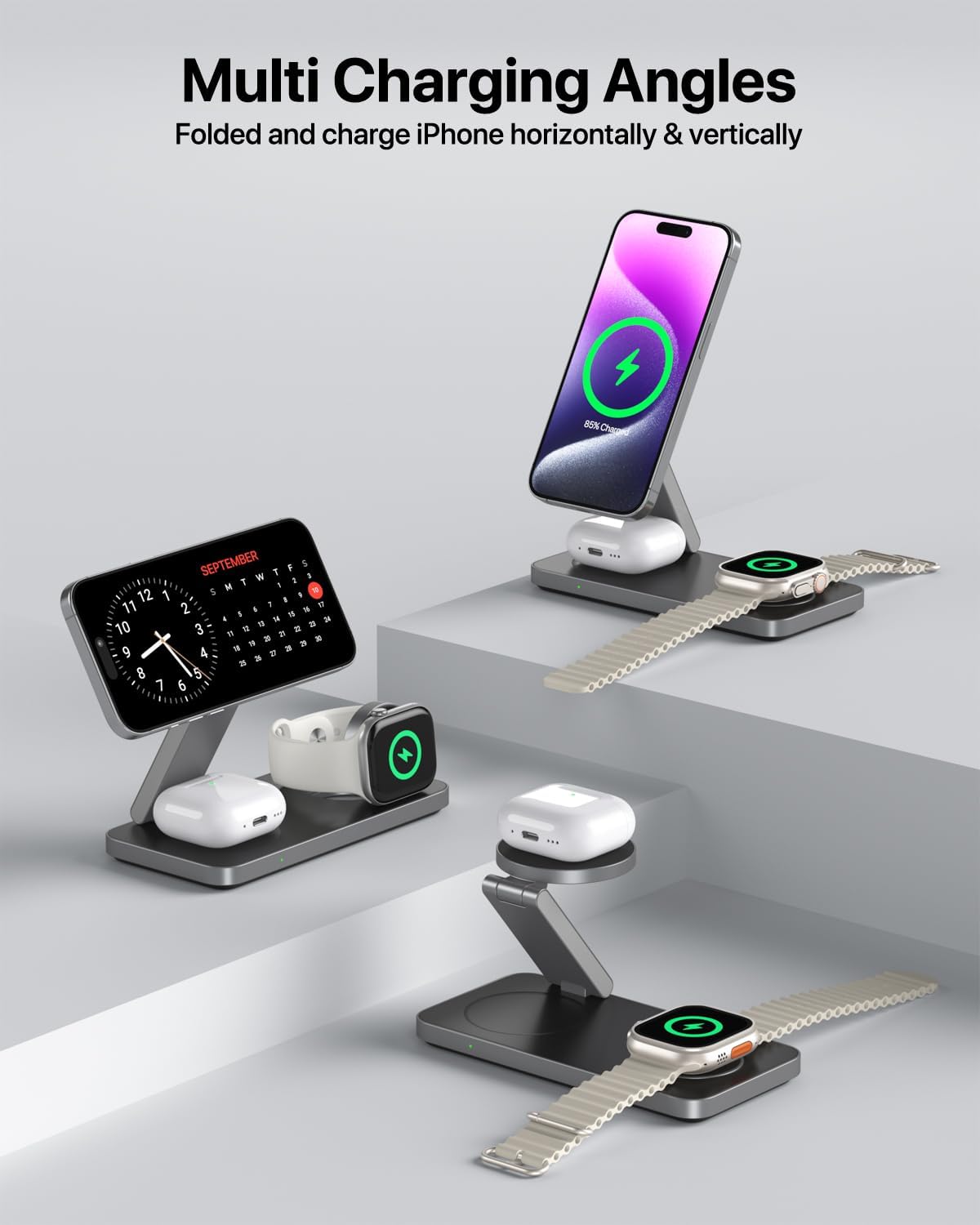 Keepro 3 in 1 Wireless Charging Station for iPhone Magnetic Portable, Fast Wireless Charger Stand for iPhone Air/17/16/15/14/13/12, AirPods Pro 3 2 Apple Watch (Adapter Included)-Black - Image 7