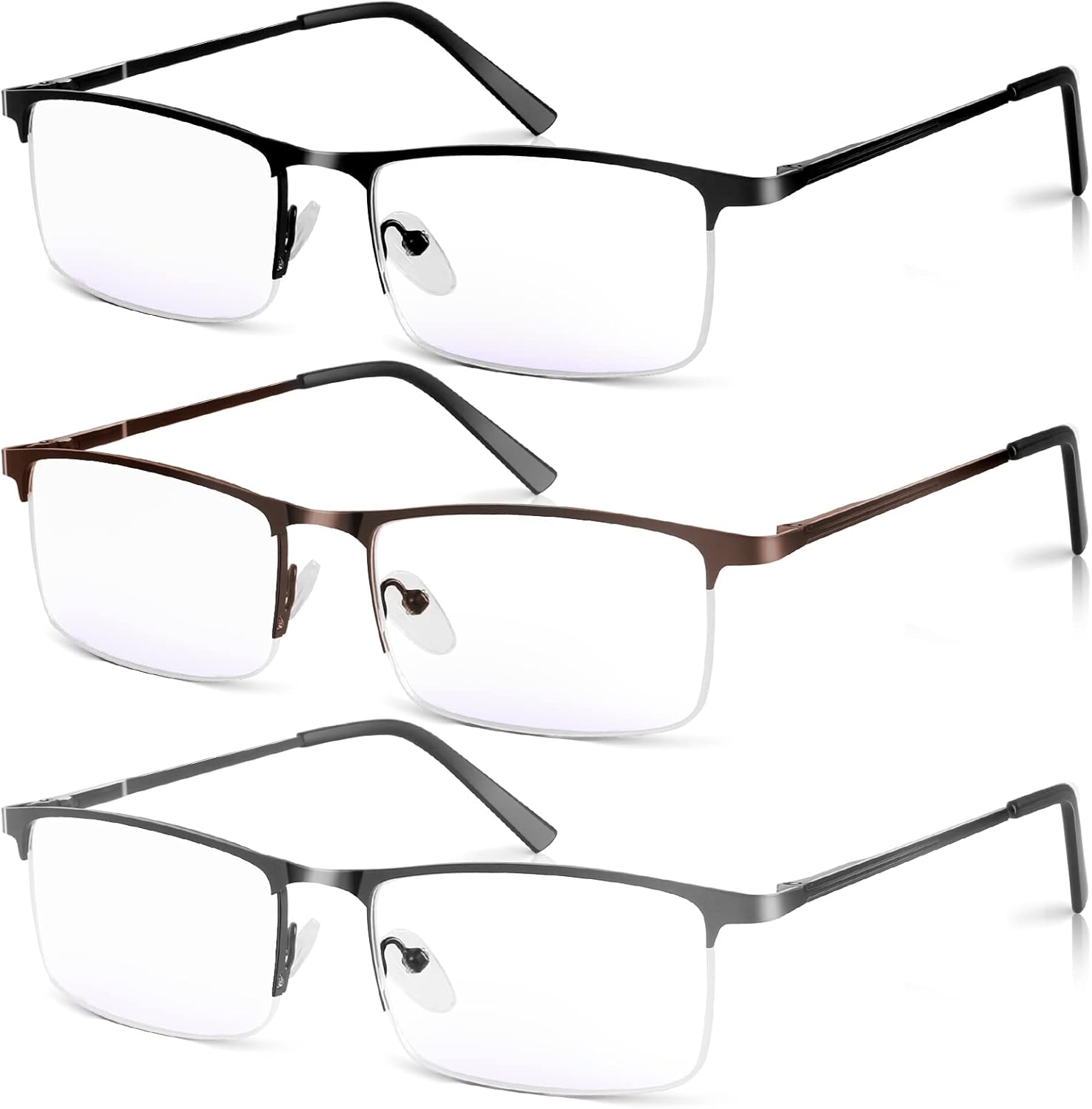 3 Pack Blue Light Blocking Reading Glasses for Men, Stylish Half Frame Metal Computer Readers, Lightweight Spring Hinge Eyeglasses Anti Eyestrain/Glare/UV (Mix Color, Black+Grey+Brown, 1.0)