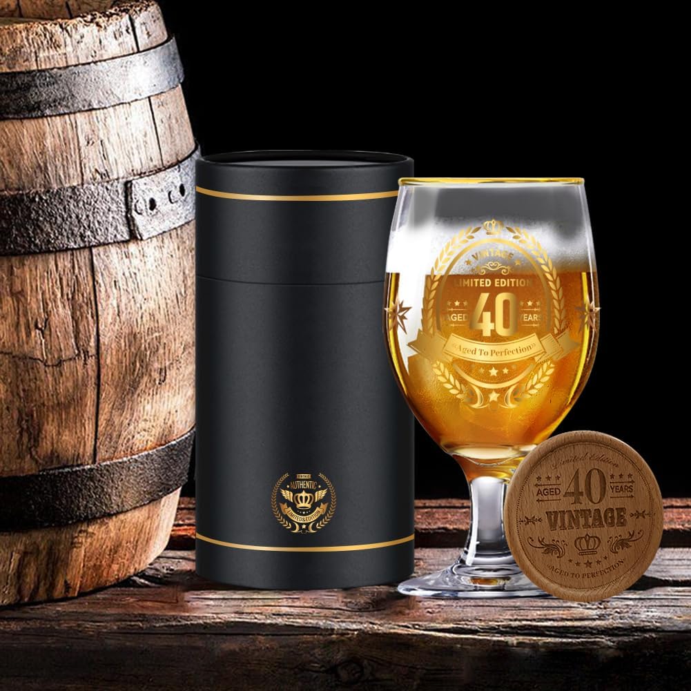 40th Birthday Gifts for Men,Vintage Beer Glass with Wooden Coaster – Aged to Perfection 40th Beer Glass,Gift for Dad,Husband,Friend – Christmas,Father’s Day,Retirement Present - Image 8