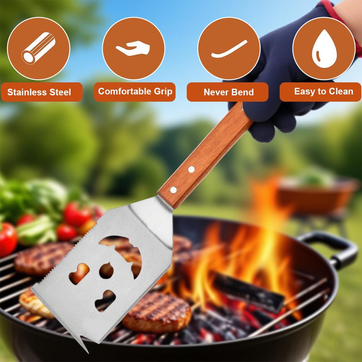 7 in 1 Multifunction BBQ Tool, BBQ Spatula for Outdoor Grill, Extra Long Grill Accessories Stainless Steel, Wooden Handle Barbecue Utensils, Holiday, Gifts for Men - Image 3