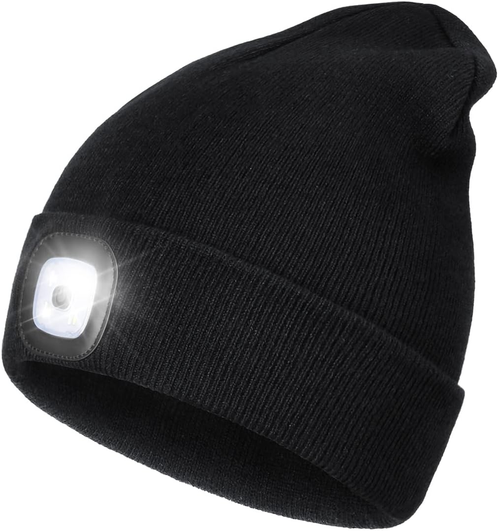 Wmcaps Rechargeable LED Lighted Beanie, Perfect Dad Gifts in Christmas, Stocking Fillers Cap with Light Hands Free Head Torch Unisex Winter Warm Knit Beanie