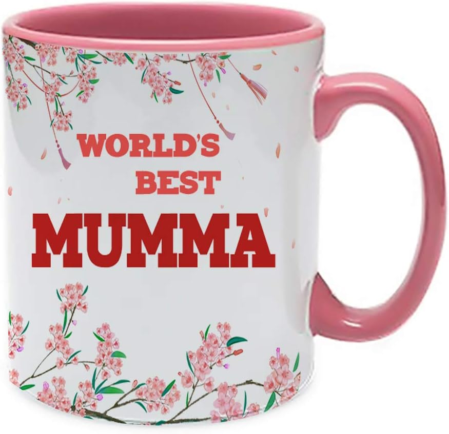 World's Best Mumma Coffee Tea Cocoa Soup Daily use Mug Birthday Gift Mother's Day C Handle Unique Ceramic Cup Mug. (Pink Inside and Handle)