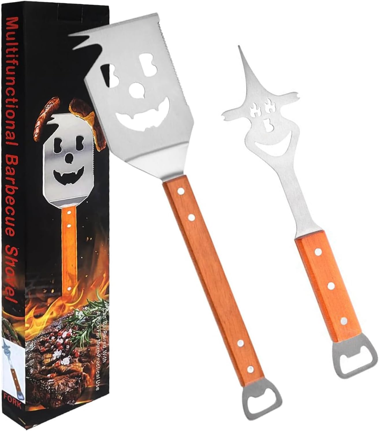 RZJZGZ 8 in 1 Multifunction BBQ Tool, 2 Pcs Outdoor Grill Spatula Set Box Pack Perfect BBQ Gifts for Men, Fork, Saw, Bottle Opener for Grilling, Barbecue Utensils Kit - Surprise for Men