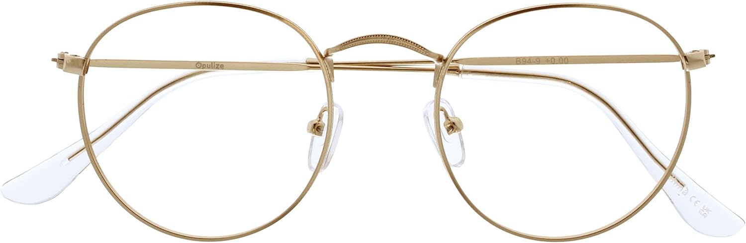 OPULIZE Sol - Reading Glasses with Blue Light Blocking Round Metal Retro Frame Spring Hinges Improve Sleep Reduce Headache Computer Glasses Gaming Anti-Reflective Men Women B94