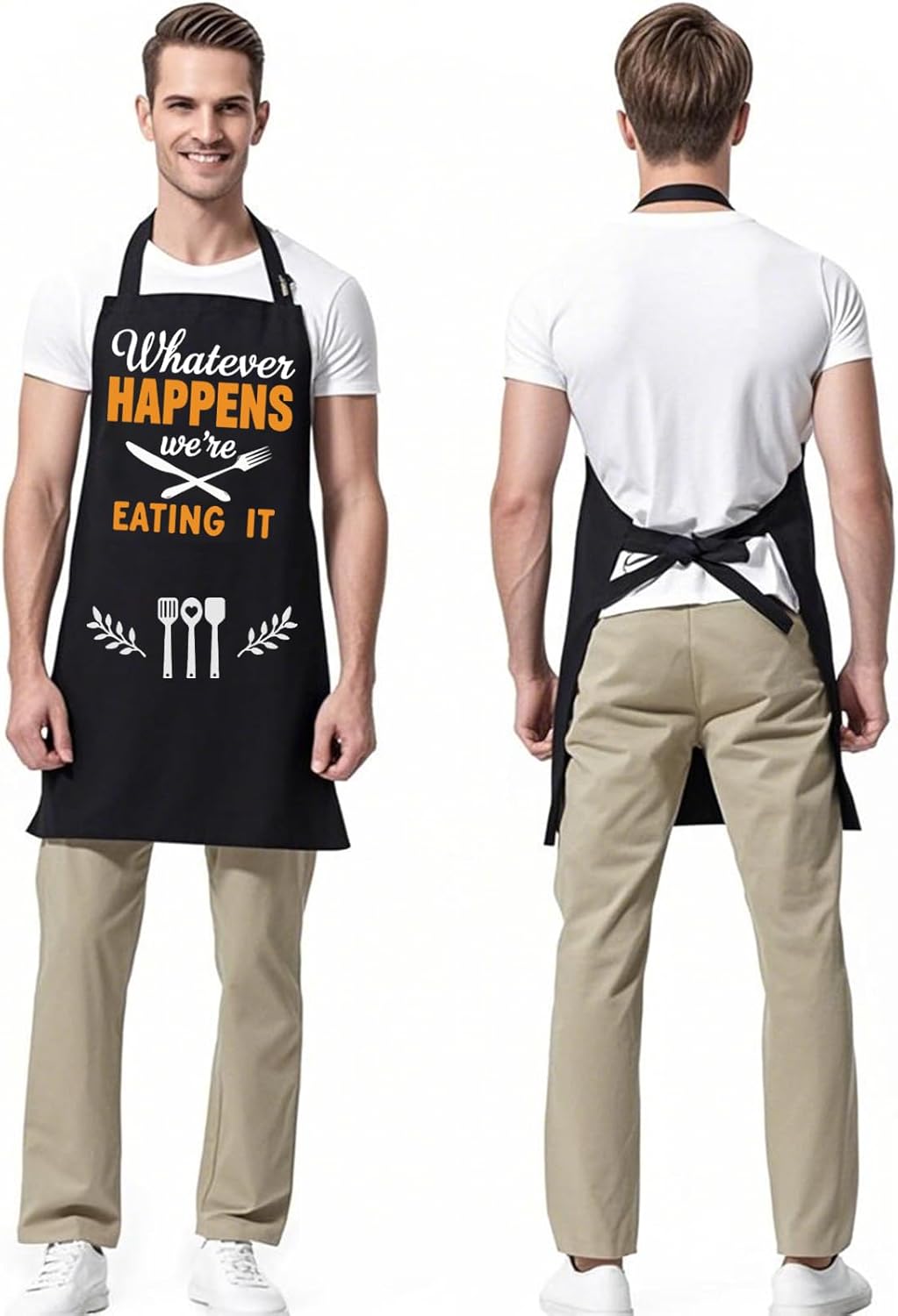 Funny Cooking Grilling BBQ Aprons for Men, Adjustable Chef Kitchen Apron with 2 Pockets, Birthday, Christmas Father Day Gifts for Husband, Dad, Chef, Boyfriend(Whatever Happens We're Eating It) - Image 5