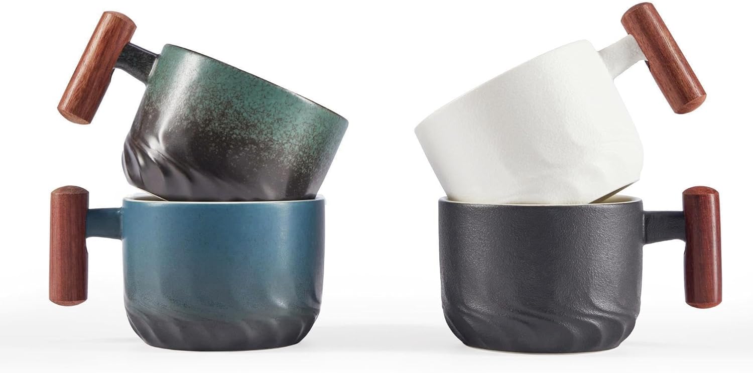 170ml Ceramic Espresso Mugs with Wooden Handle, Demitasse Cups for Latte Cappuccino, Tea Cups Set of 4 Assorted Color