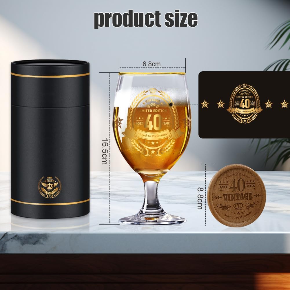 40th Birthday Gifts for Men,Vintage Beer Glass with Wooden Coaster – Aged to Perfection 40th Beer Glass,Gift for Dad,Husband,Friend – Christmas,Father’s Day,Retirement Present - Image 2
