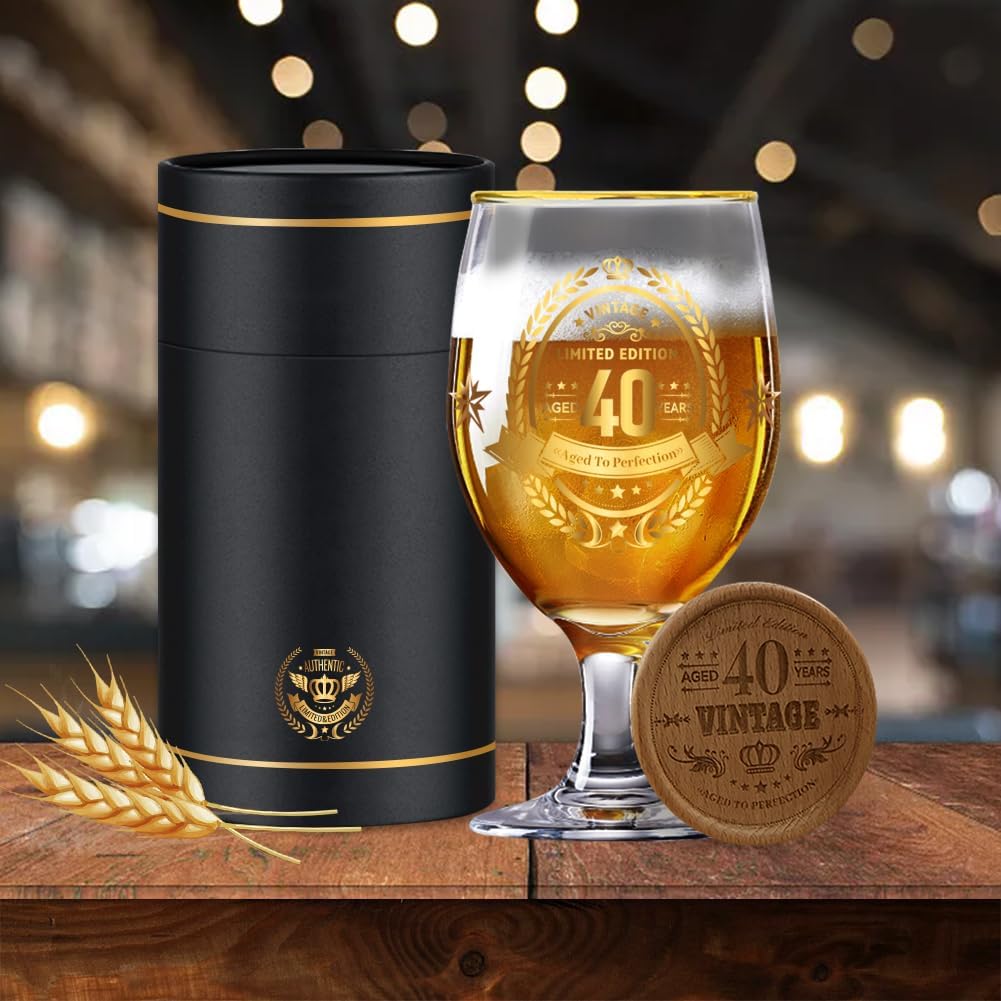 40th Birthday Gifts for Men,Vintage Beer Glass with Wooden Coaster – Aged to Perfection 40th Beer Glass,Gift for Dad,Husband,Friend – Christmas,Father’s Day,Retirement Present - Image 3