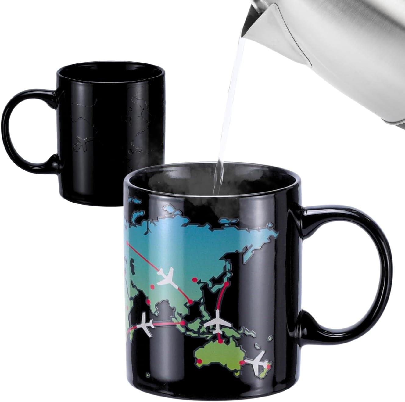 Heat Colour Changing World Map Mug with Planes for Travellers and Aviation Enthusiasts, Ceramic Mug, Travel and Airplane Gift