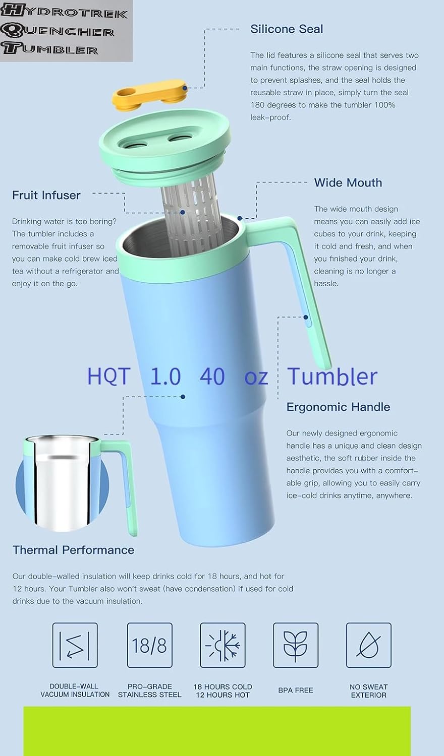 40oz Tumbler with Straw, Lid and Handle,1200ml Travel Mug with Handle, Water Bottle Thermos for Hot and Cold Coffee, Leak Proof Insulated Stanleys Cup (Teal) - Image 3
