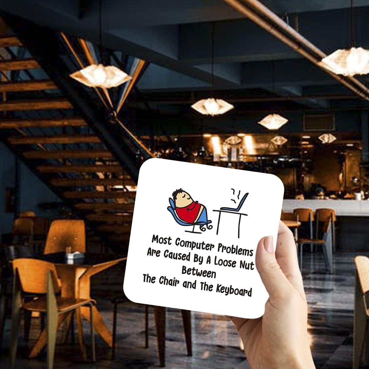 CS438 Most computer problem are caused by a loose nut between the chair and the keyboard Novelty Funny Coffee Tea Drink Gift Glossy MDF Wooden Coaster | Gifts for Tech Support, Dad, Men, Colleagues - Image 2