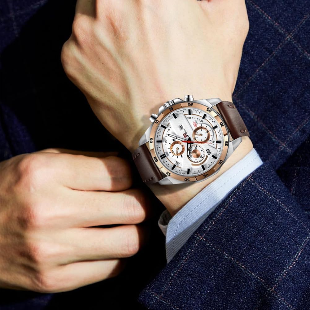 OFFCUP Mens Watches, 55MM Men's Chronograph Watch, Leather Analog Quartz Watch with Date Luminous, Business Casual Fashion Gents Wrist Watches Elegant Gift for Men - Image 4