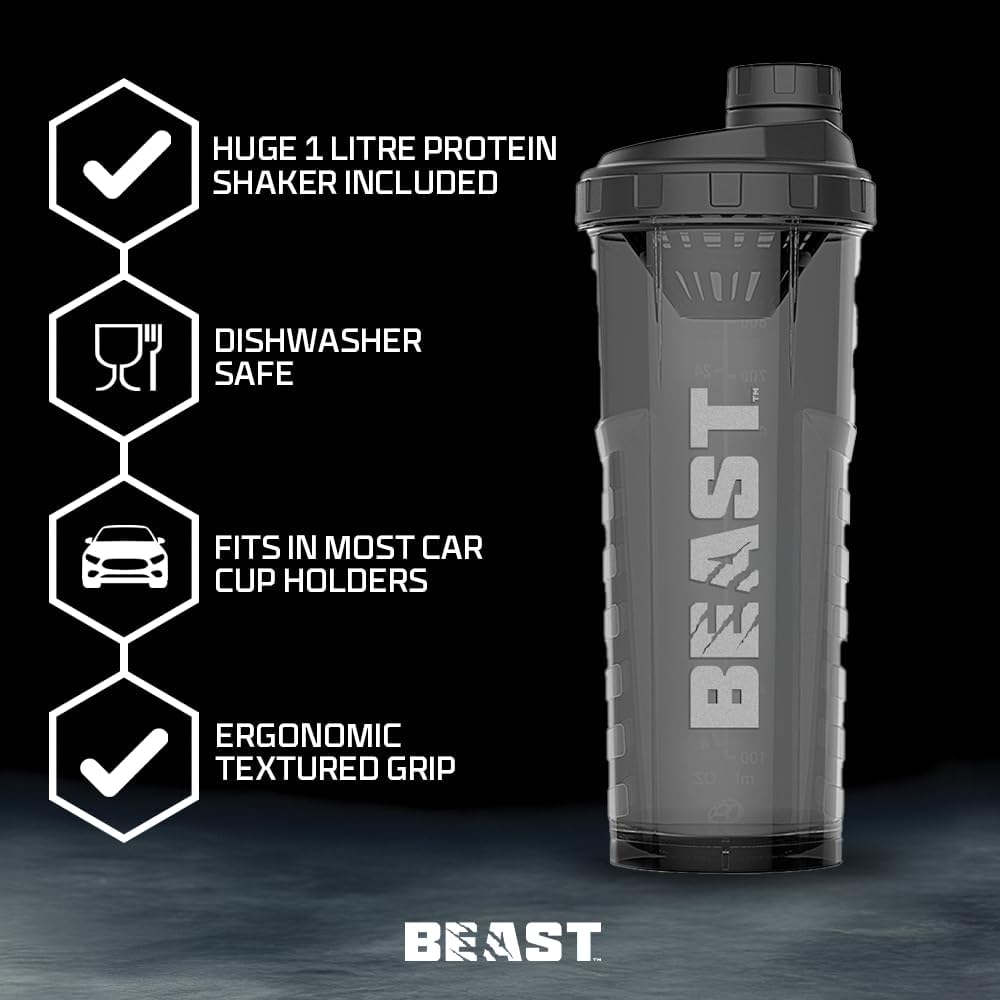 Beast | Protein Shaker Bottle Sports Supplements Samples | 5 Sachets + 1000ml Shaker Gym Gift Set | Stim, Pump, Whey, Hydro and EAA - Image 3
