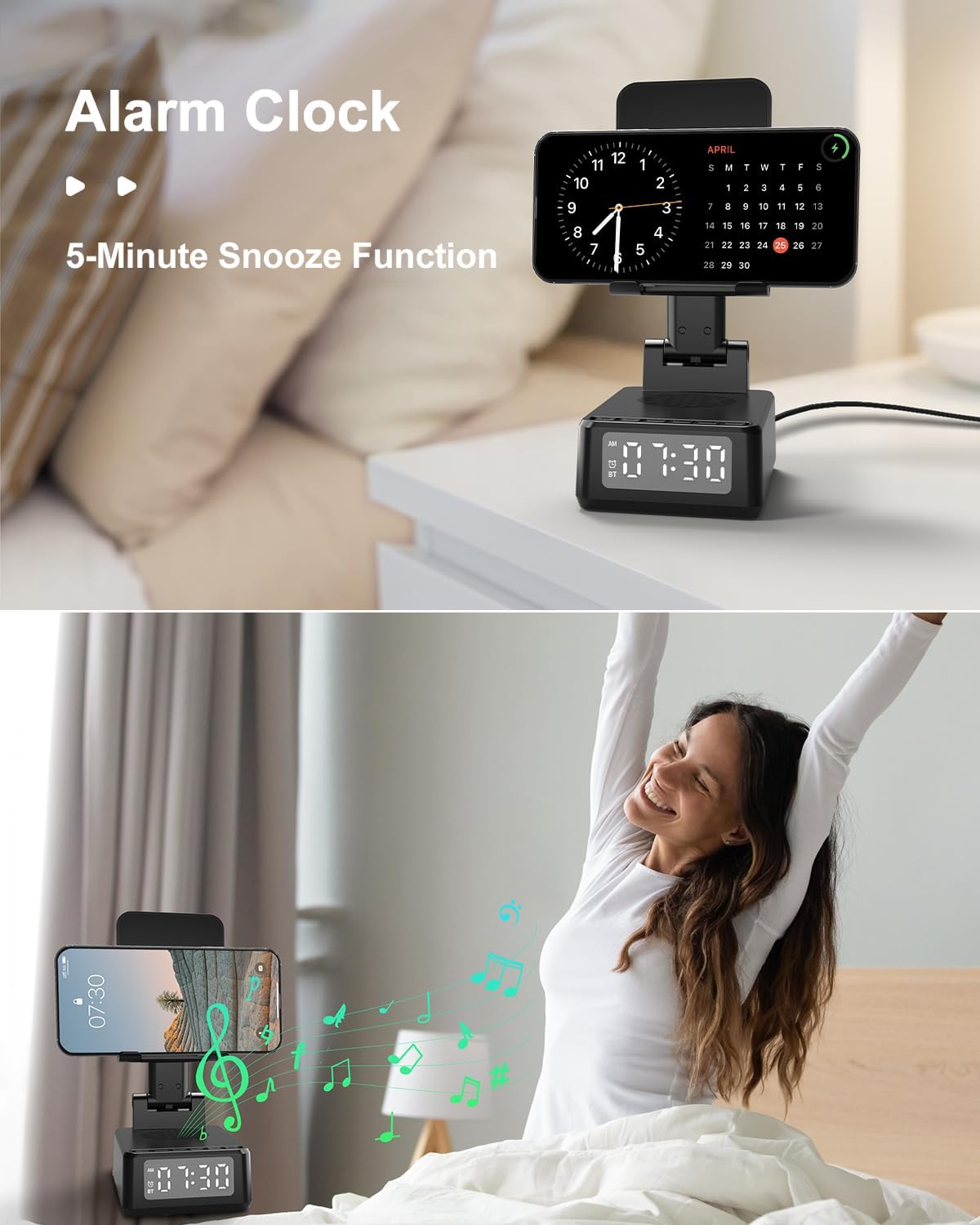 Birthday Gifts for Men Women, Bluetooth Speaker with Wireless Charger & Phone Stand, Gifts for Him, Foldable Angle & Height Stand with Alarm Clock, Ideal for Dad Mom, Tech Gadget Stocking Fillers - Image 6