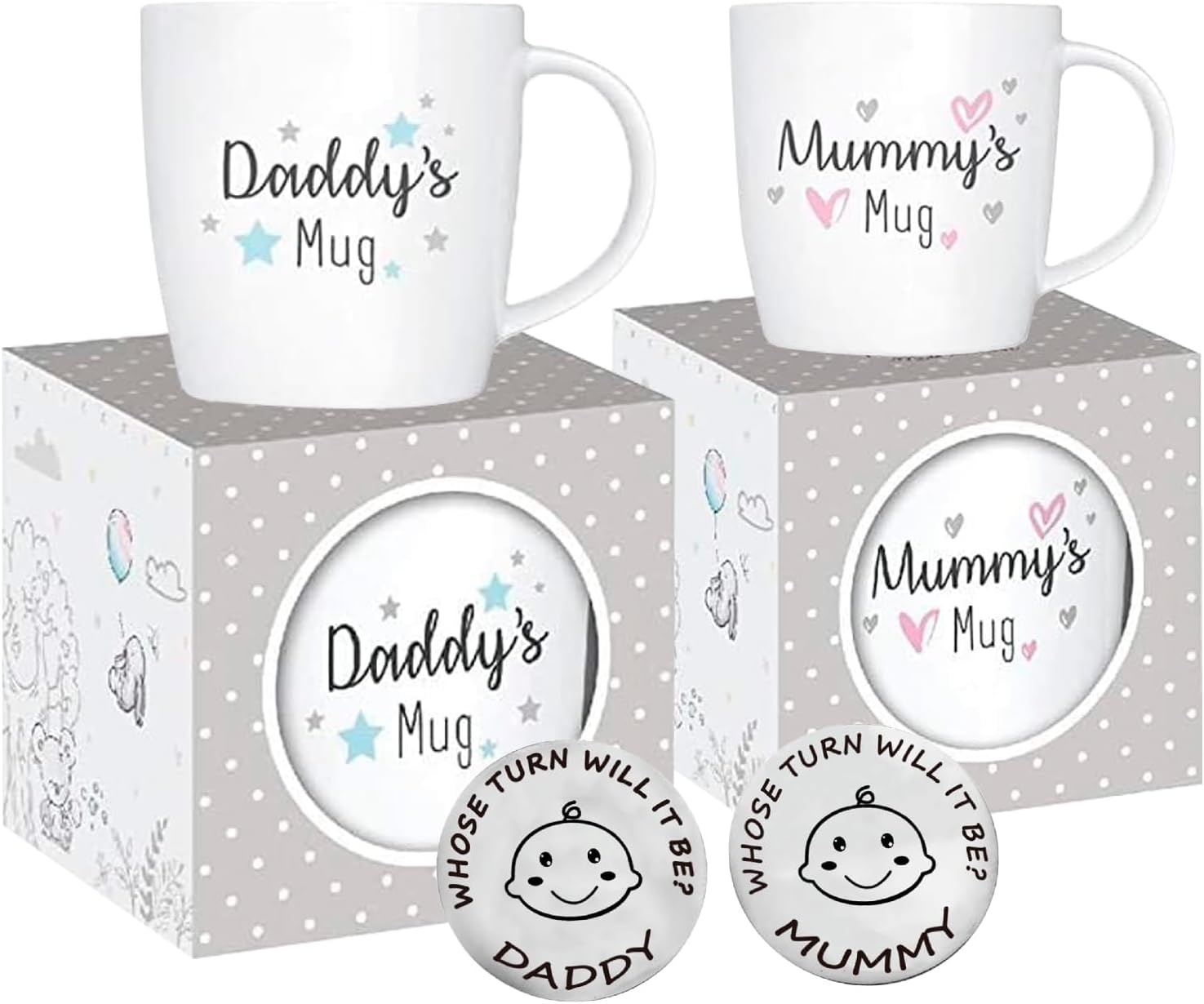 New Parents Set of 2 Mummy and Daddy Mugs - Gifts for Mum and Dad - Christmas Decision Coin for Parents