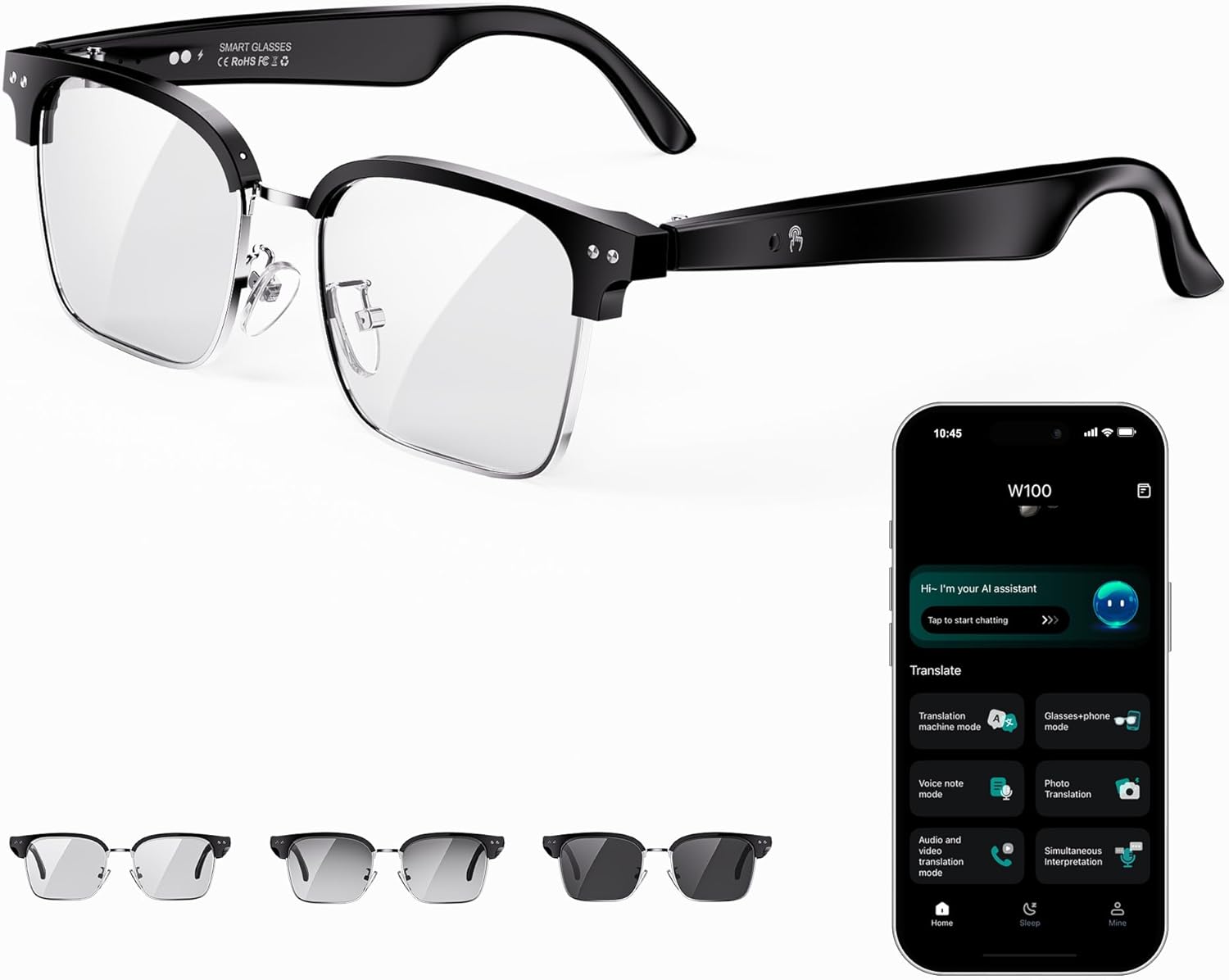 AI Smart Glasses for Men and Women with Chat GPT, Bluetooth Translation Glasses with 164 Languages and Color-Change Lens, Music Playback, Hands-Free Calls, UV & Blue Light Protection