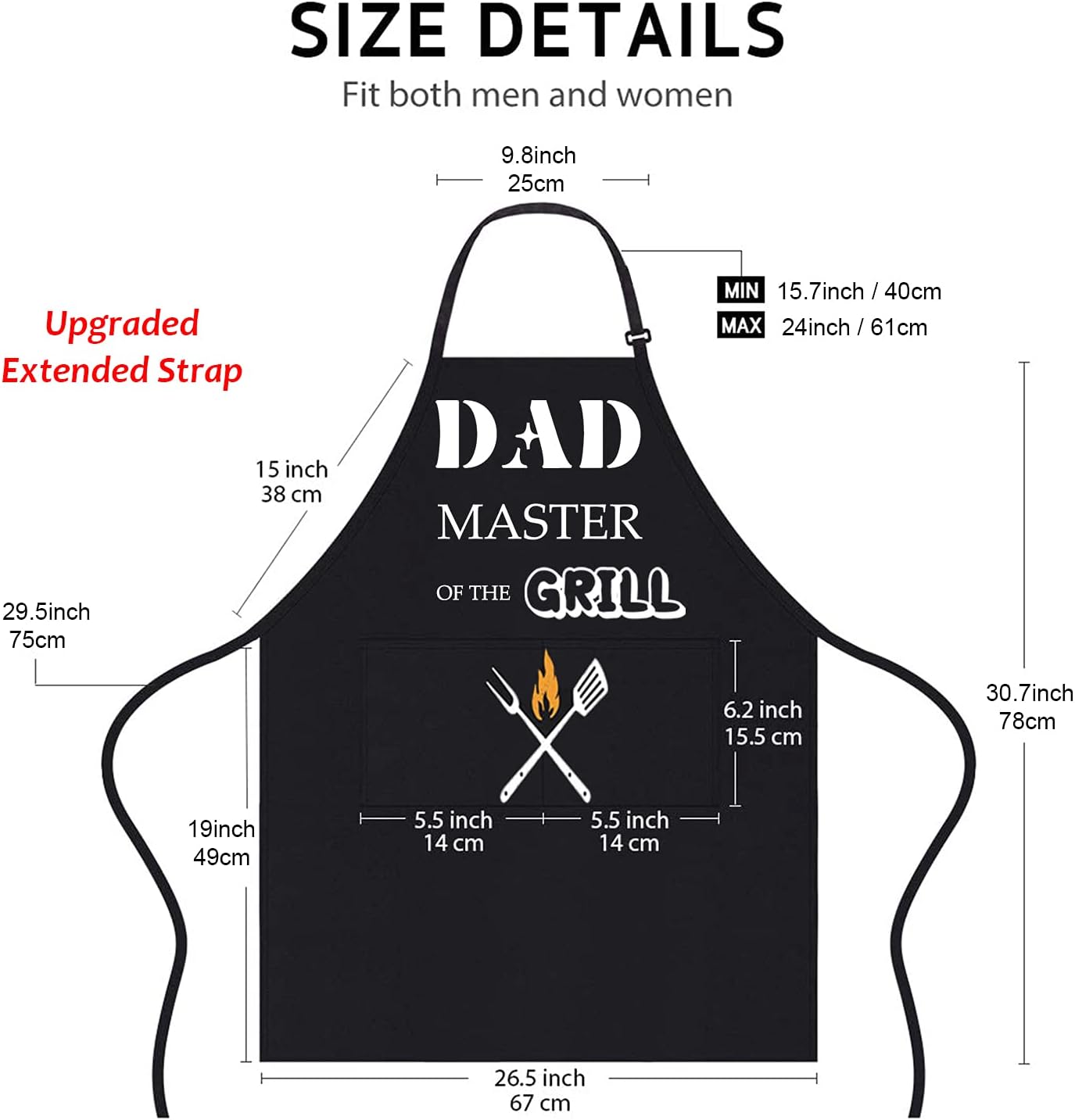 BBQ Apron for Men, Dad's Apron, Black Waterproof Apron, Adjustable Chef Apron with 2 Pockets, Personalised Apron for Grilling Cooking Kitchen, Gifts for Men Dad Husband Boyfriend - Image 3