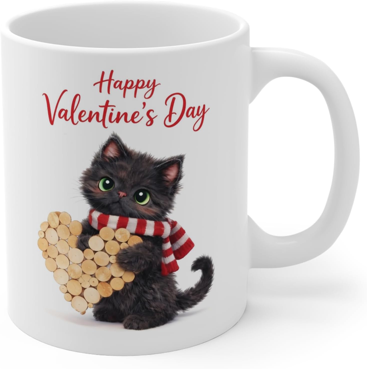 Happy Valentine's Day Mug,Cute Black Cat with Wooden Heart Design,Romantic Gift for Cat Lovers