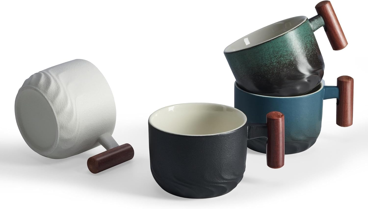 170ml Ceramic Espresso Mugs with Wooden Handle, Demitasse Cups for Latte Cappuccino, Tea Cups Set of 4 Assorted Color - Image 6