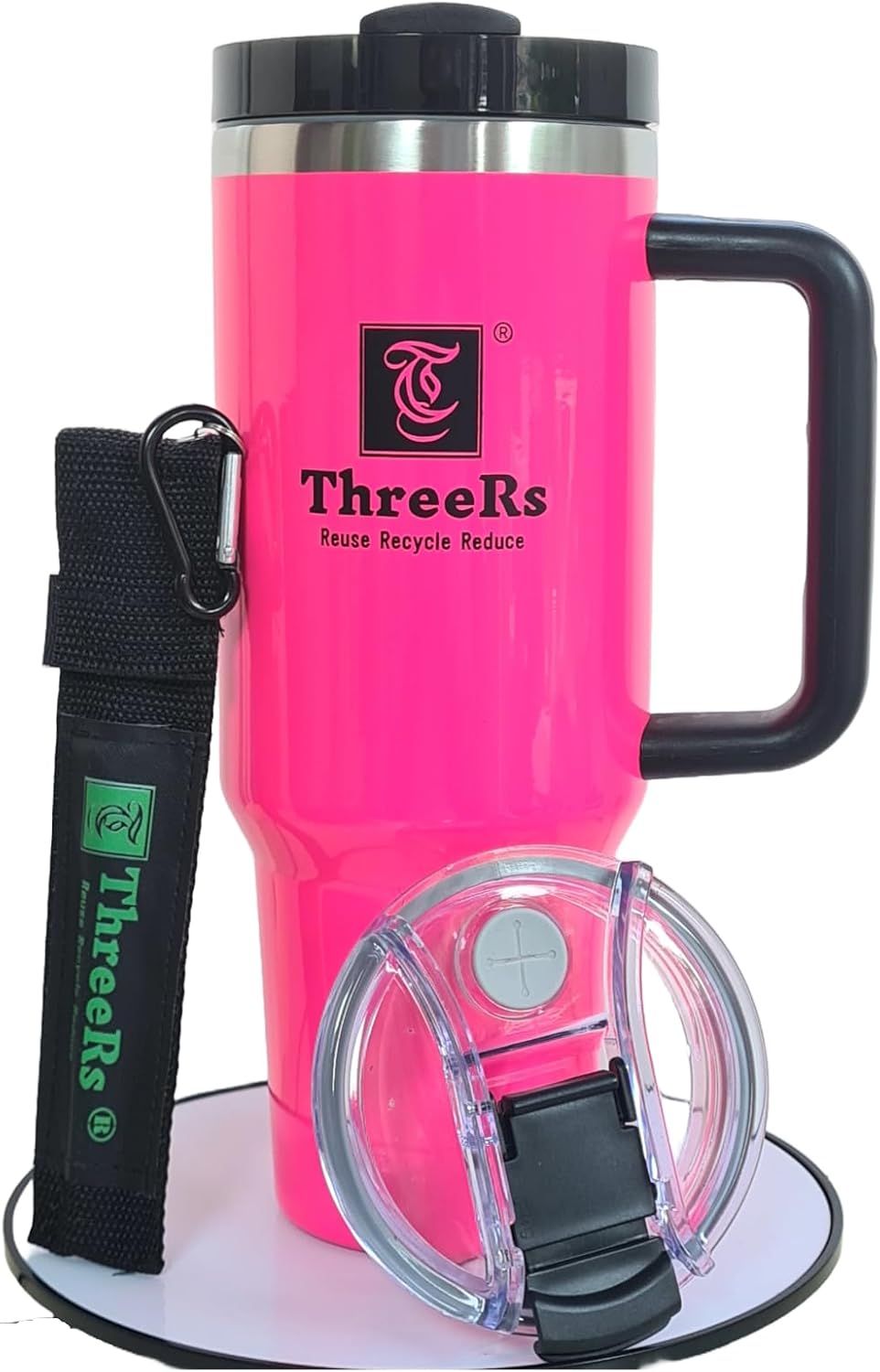 ThreeRs Quencher Travel Tumbler with Handle Straws Insulated Coffee Cup Telescopic Metal Straw, 2 Lids, Summer Water Bottle, Mug for Hot - Cold Drinks 40oz/1180ml Neon Colour (Pink)