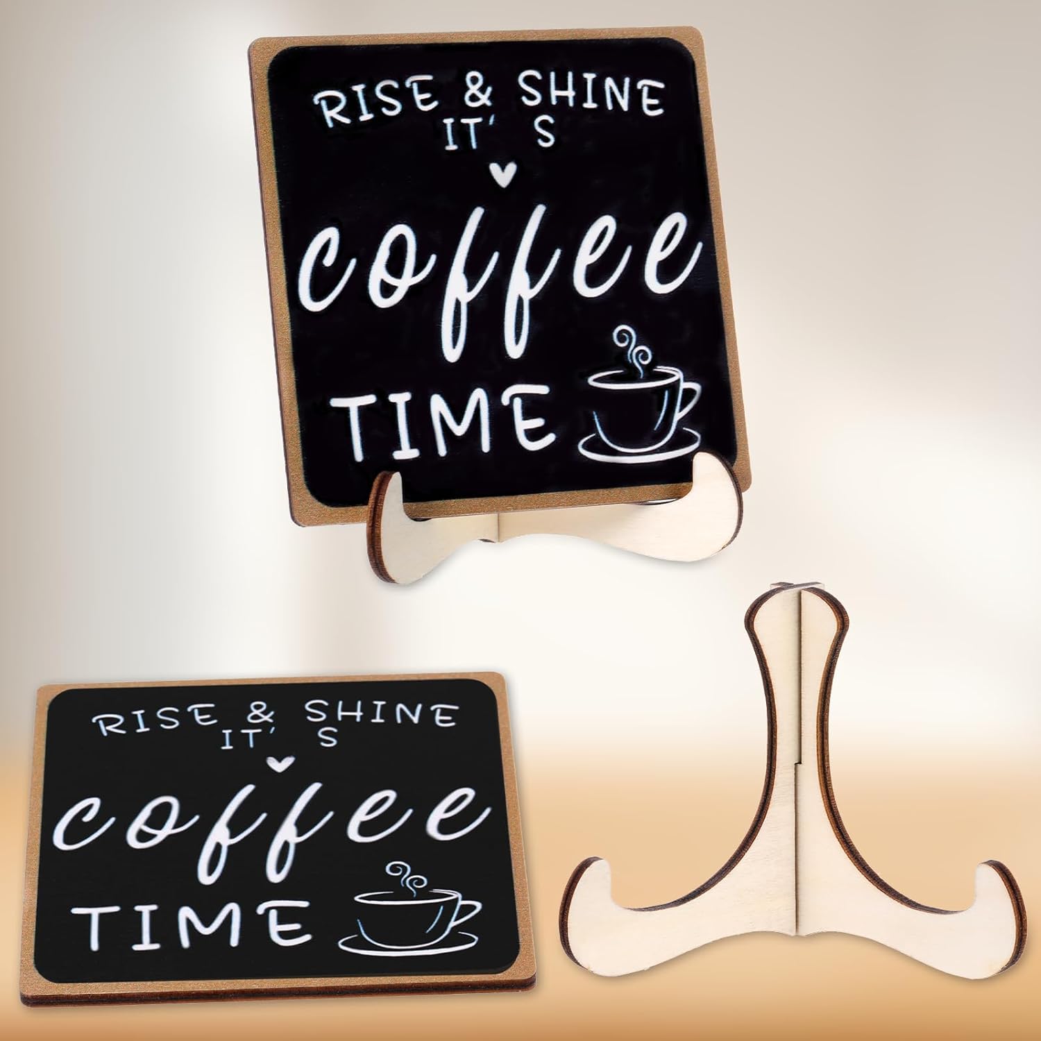 Funny Coffee Sign Wooden Desk Decorations Rise & Shine It's Coffee TimeBar Tabletop Shelf Plaque Accessories with Iron Stand for Women Men Home Farmhouse Kitchen Office - Image 3