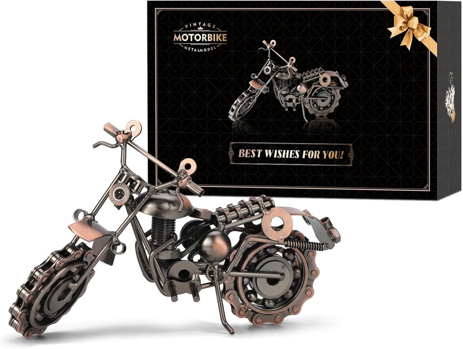 Signstek Vintage Handcrafted Iron Motorbike Model Bronze Metal Motorcycle Ornament Collectible Gift for Motorcycle Lovers for Him or Dad