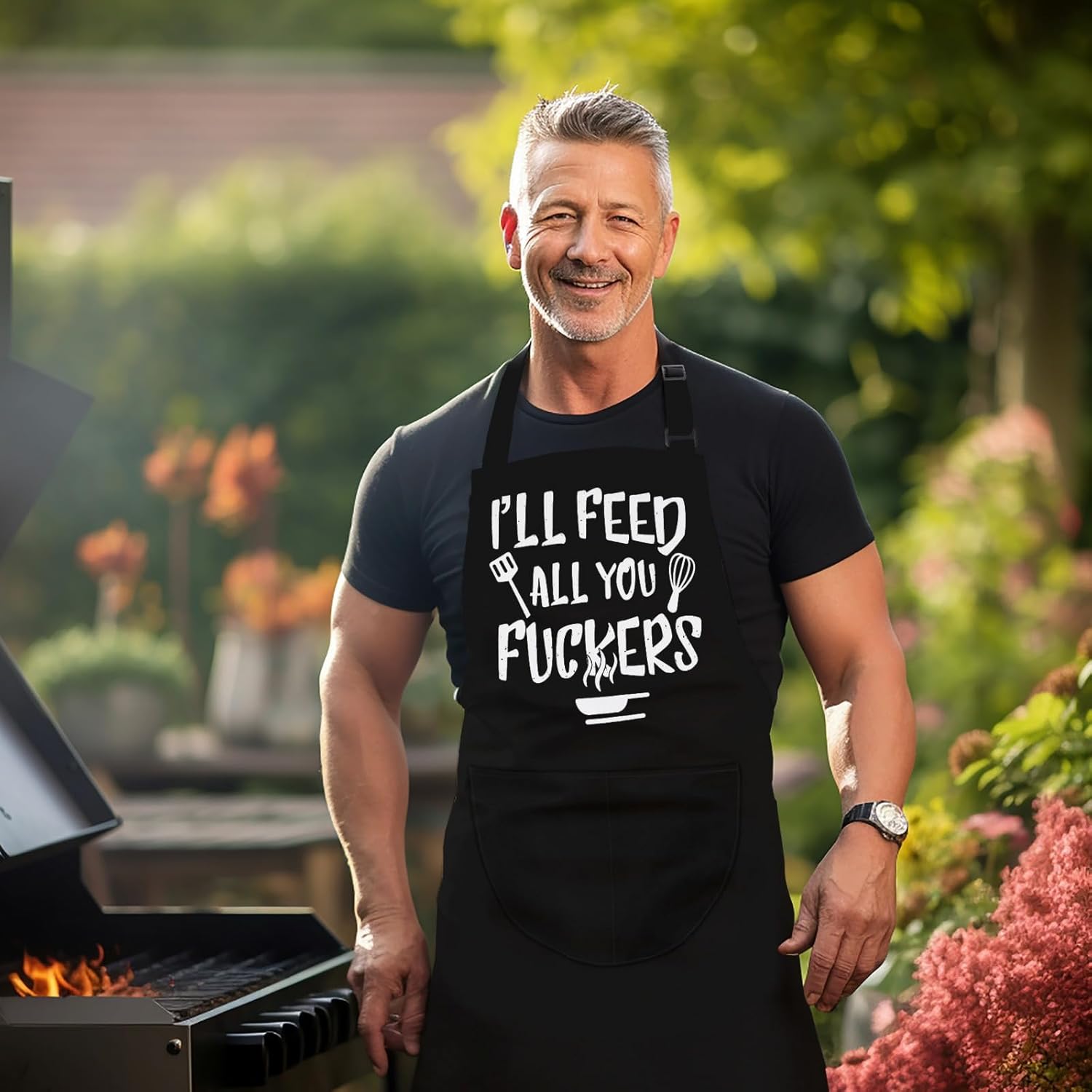 LINEN CLOSET® Funny Bbq Aprons for Men Rude Kitchen Chef Aprons Christmas Bbq Grilling Gifts for Dad Son Father Husband with 2 Pockets - Image 3