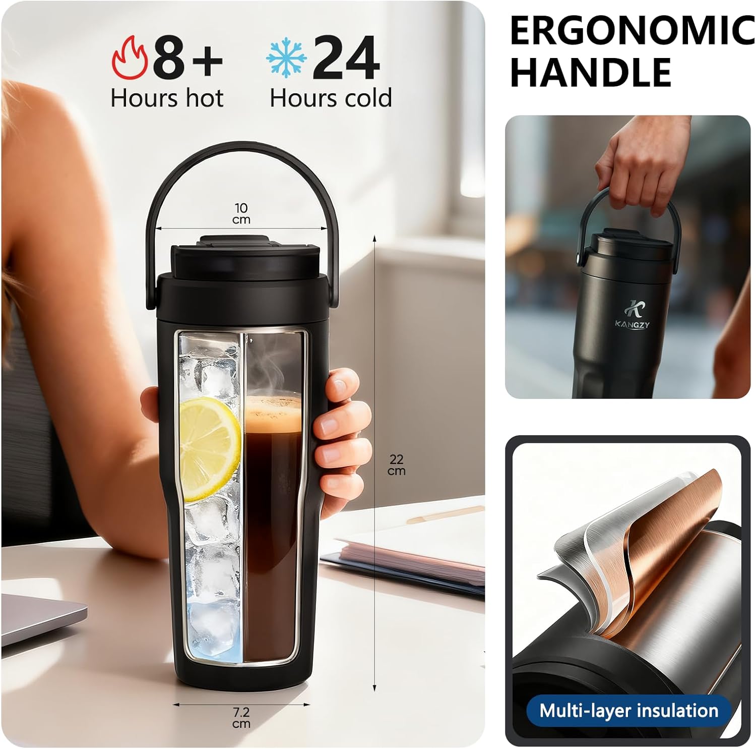 Coffee Cup Travel Mug 600ml – Stainless Steel Insulated Water Bottle, 2-in-1 Lid, Vacuum Thermal Cup, Leak-Proof Design, Keeps Drinks Hot 8H+ / Cold 24H – Work, Travel & Car (Jet Black) - Image 3