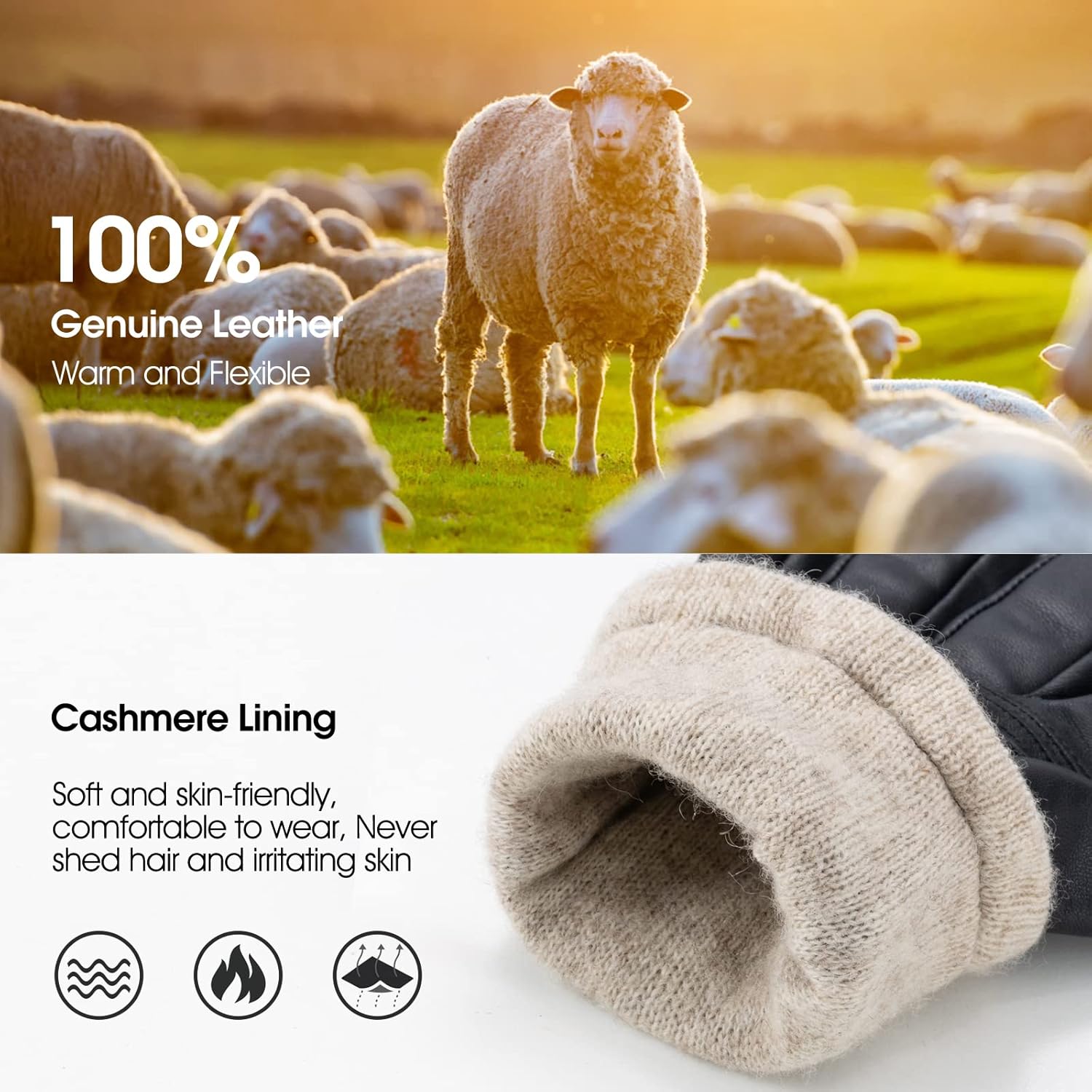 Winter Sheepskin Leather Gloves For Men, Thermal Cashmere Lining Touchscreen Texting Typing Dress Driving Motorcycle Gloves - Image 6