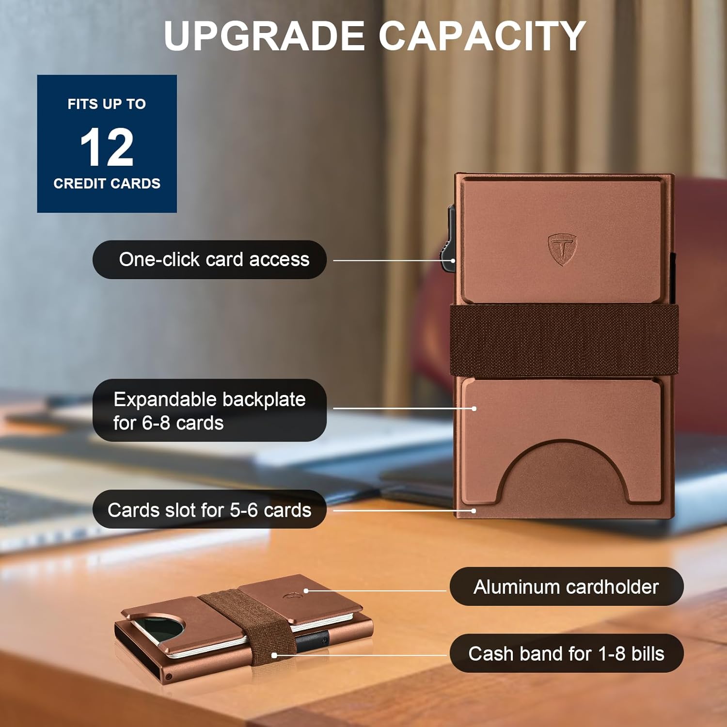 Credit Card Holder for 12 Cards Paper Money RFID Wallet for Men Anti Theft Metal Slim Wallet with Slid Ejector Button Quick Access to Bank Credit Card,Aluminium,Brown - Image 4