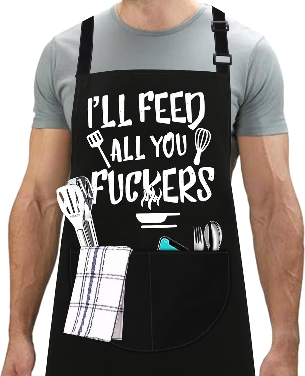 LINEN CLOSET® Funny Bbq Aprons for Men Rude Kitchen Chef Aprons Christmas Bbq Grilling Gifts for Dad Son Father Husband with 2 Pockets