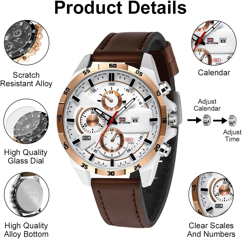 OFFCUP Mens Watches, 55MM Men's Chronograph Watch, Leather Analog Quartz Watch with Date Luminous, Business Casual Fashion Gents Wrist Watches Elegant Gift for Men - Image 3